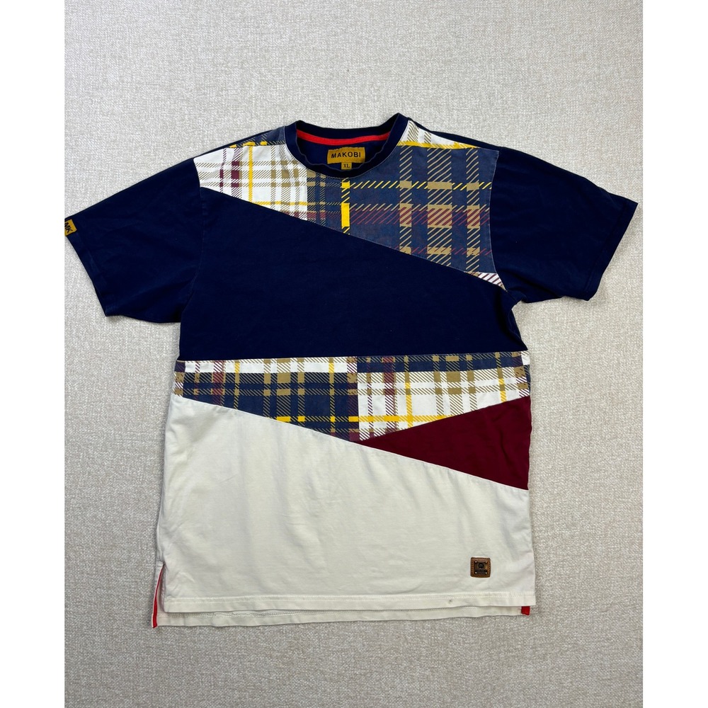 Makobi Mens XL T-Shirt Colorblock Patchwork Plaid Streetwear Navy Cream E1-382